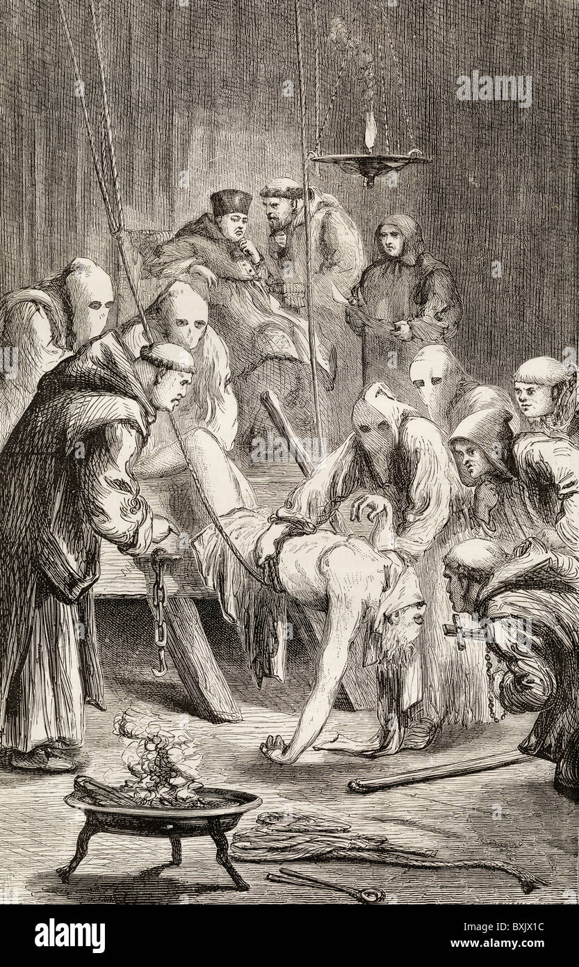 Gefangene, die während der spanischen Inquisition gefoltert. Stockfoto