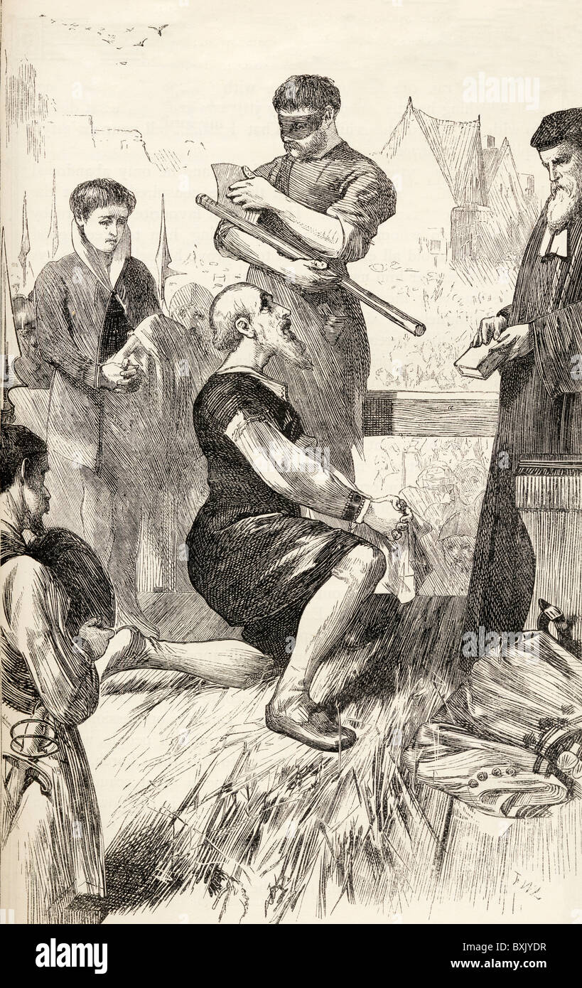 Edward Seymour auf dem Schafott wartet auf seine Hinrichtung und in Würdigung seiner Seele zu Gott. Stockfoto