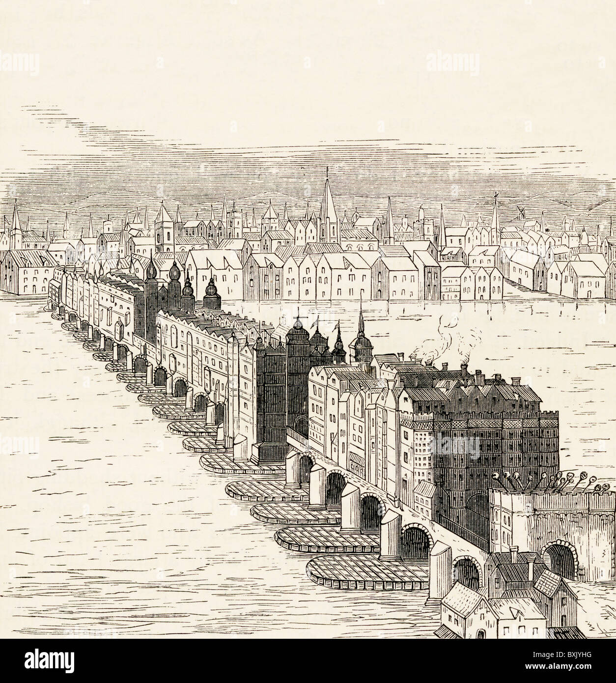 Old London Bridge, London, England vor dem großen Brand von 1666. Stockfoto