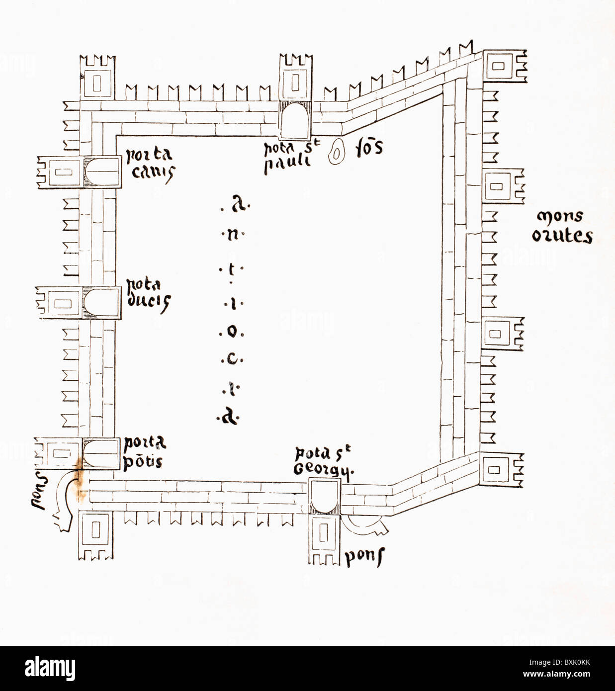 Plan des 13. Jahrhunderts Antiochia zeigt seine fünf Tore. Stockfoto
