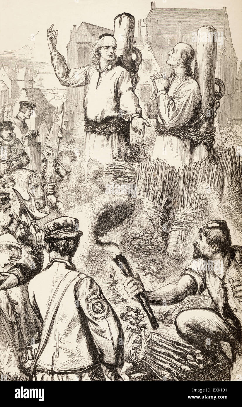 Hugh Latimer und Nicholas Ridley verbrannt auf dem Scheiterhaufen, 16 Oktober 1555 in Oxford, England. Stockfoto