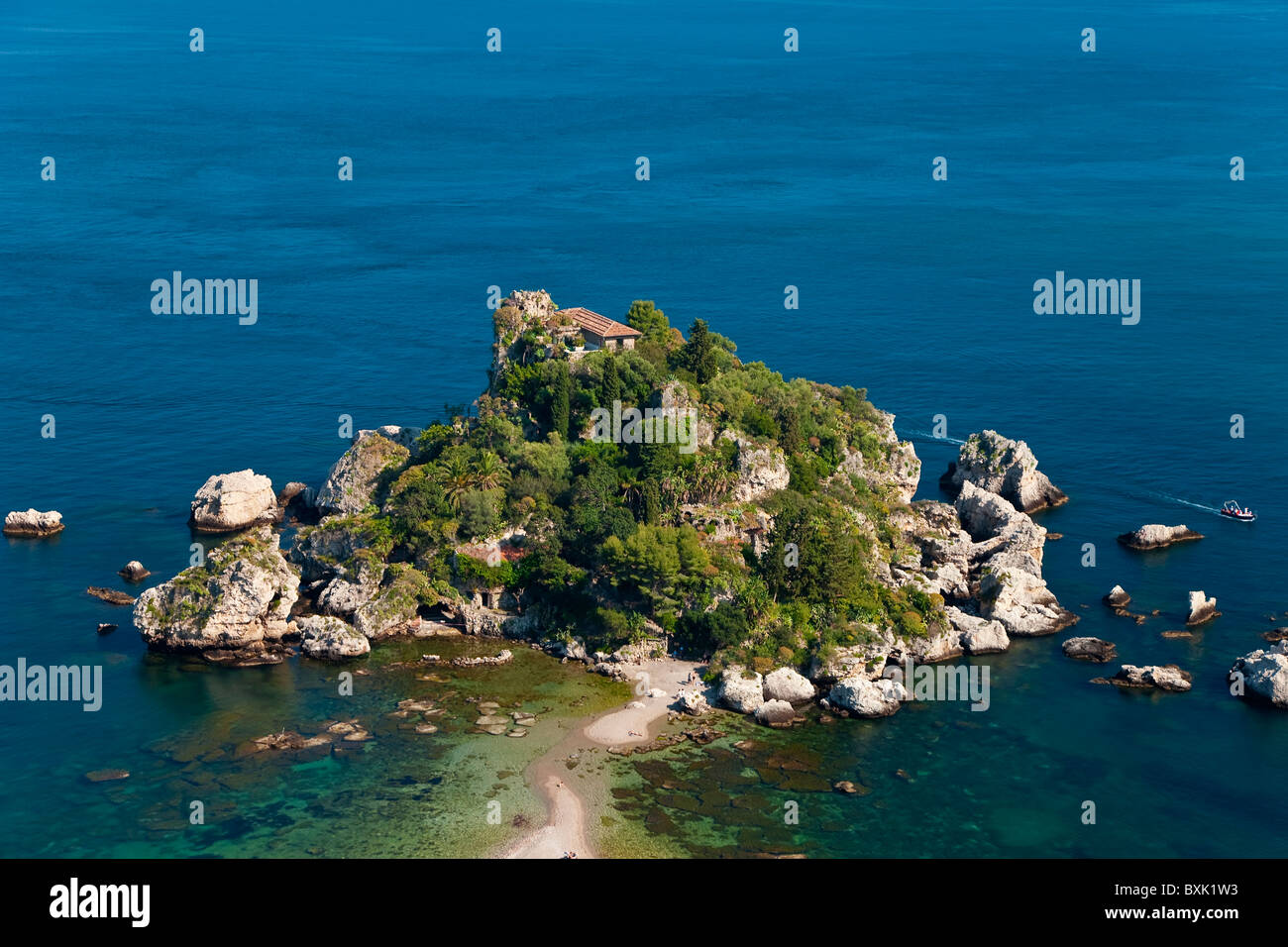 Blick auf die Insel Isola Bella, Taormina, Sizilien, Italien Stockfoto