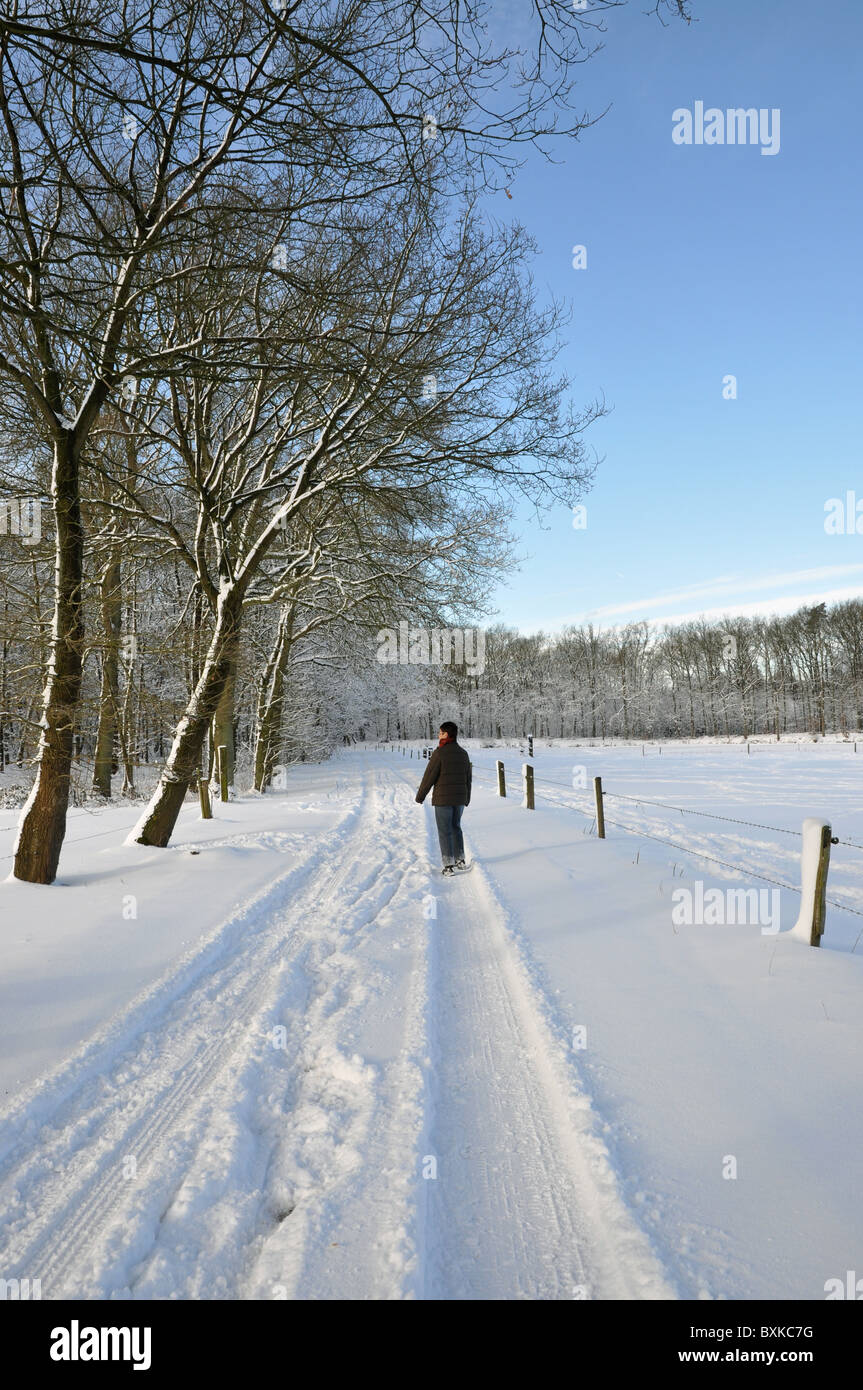 Senioren weiblich zu Fuß in ein Winter-Wunderland Stockfoto