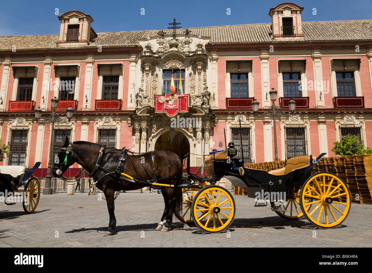 Pferd & leere Wagen wartet auf Touristen. Vor dem erzbischöflichen Palast; Plaza del Triunfo. Sevilla Spanien. Stockfoto