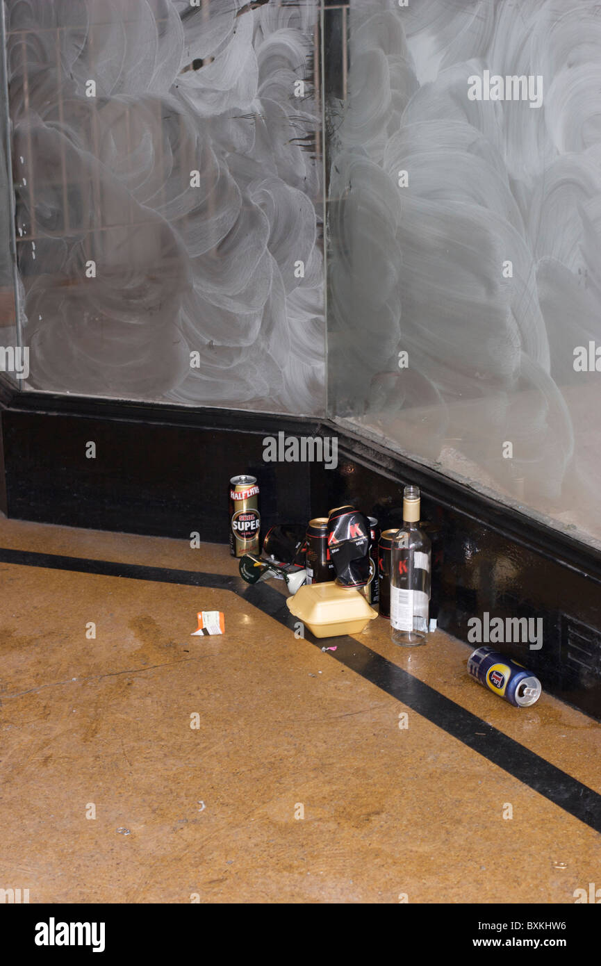 Leere alkoholische Getränke Behälter in einem leeren Shop Eingang - ein betrunkener Picknick Stockfoto