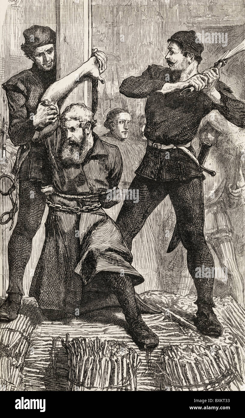 William Flower von Snowhill, Cambridgeshire, englischer protestantischer Märtyrer, mit seiner rechten Hand abgeschnitten, bevor Sie gebrannt werden. Stockfoto