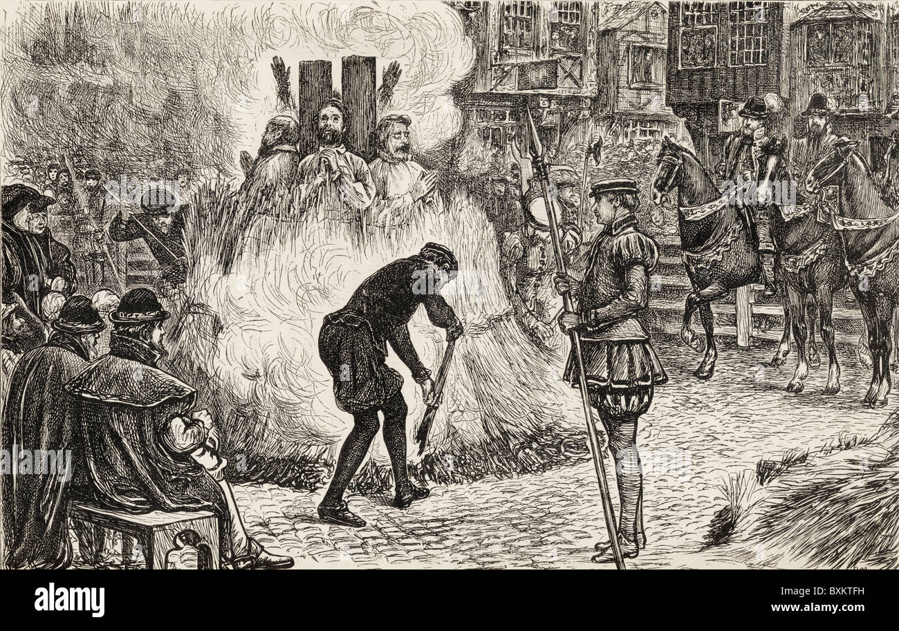 John Bland, John Frankesh, Nicholas Sheterden und Humphrey Middleton verbrannt lebendig wegen Ketzerei während des 16. Jahrhunderts. Stockfoto