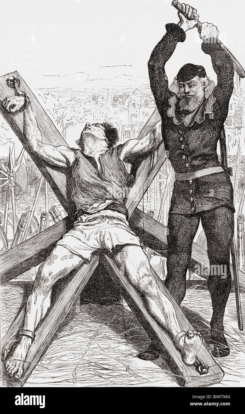 Gefangene gefoltert auf dem St. Andrews Cross. Henker bricht seine Glieder mit einer Eisenstange bevor Sie ihn auf das Rad übertragen Stockfoto
