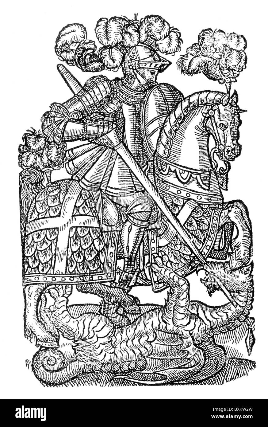 Der Rot-Kreuz-Ritter; Illustration von Edmund Spenser Gedicht "die Faerie-Königin", 1598; Schwarz und weiß-Abbildung; Stockfoto