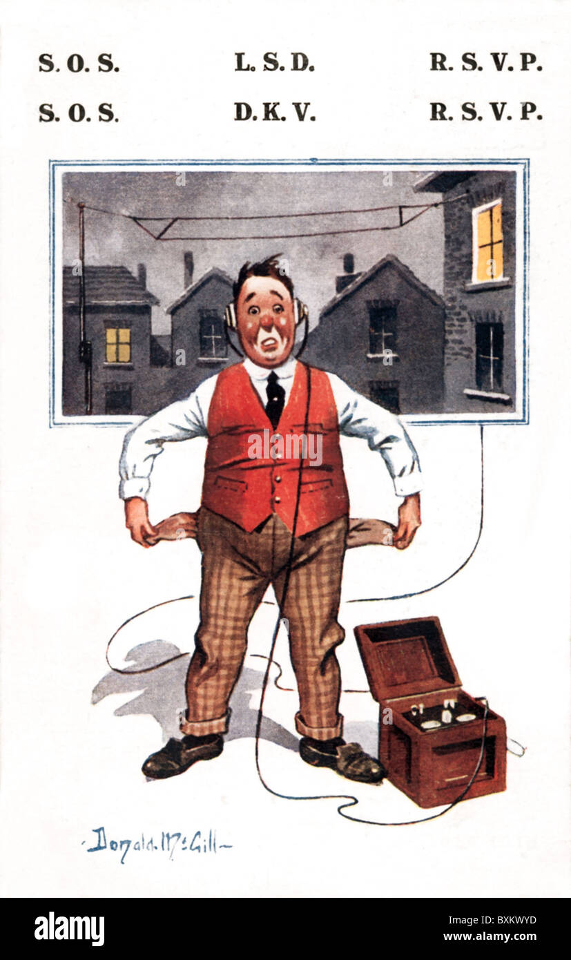 Sendung, Radio, Mann mit Radio und Kopfhörer zeigt leere Taschen, Großbritannien, Bildpostkarte, um 1928, Zusatzrechte-Clearences-nicht vorhanden Stockfoto