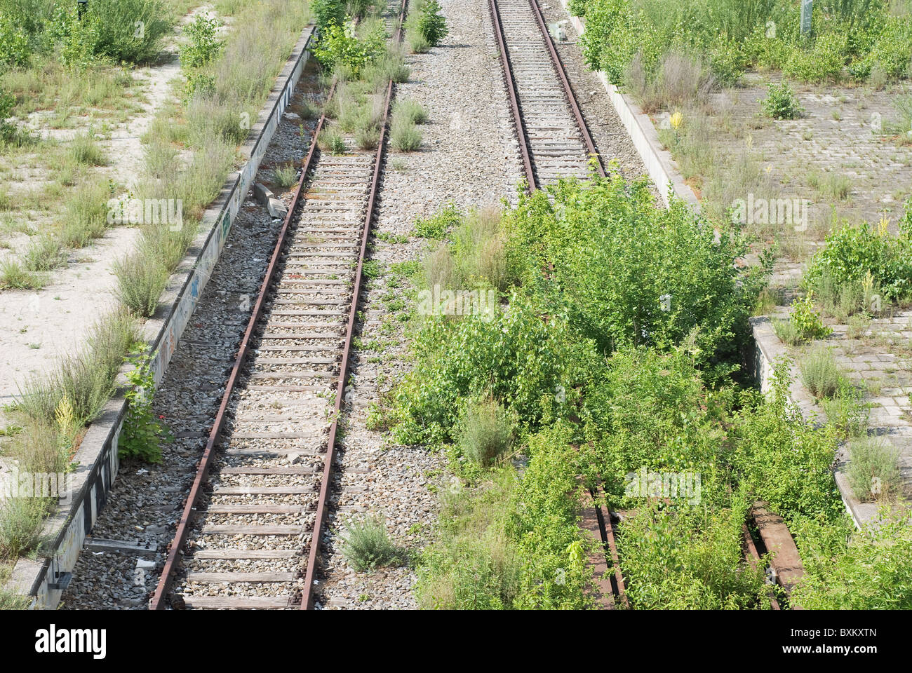 Verlassene Gleise mit Plattform und Grass Stockfoto