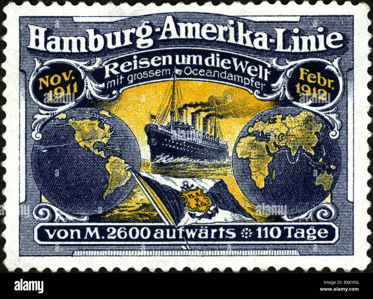 Transport / Transport, Navigation, Reedereien, Hamburg-America Line, Plakatstempel, Hamburg, Deutschland, 1911, Additional-Rights-Clearences-not available Stockfoto