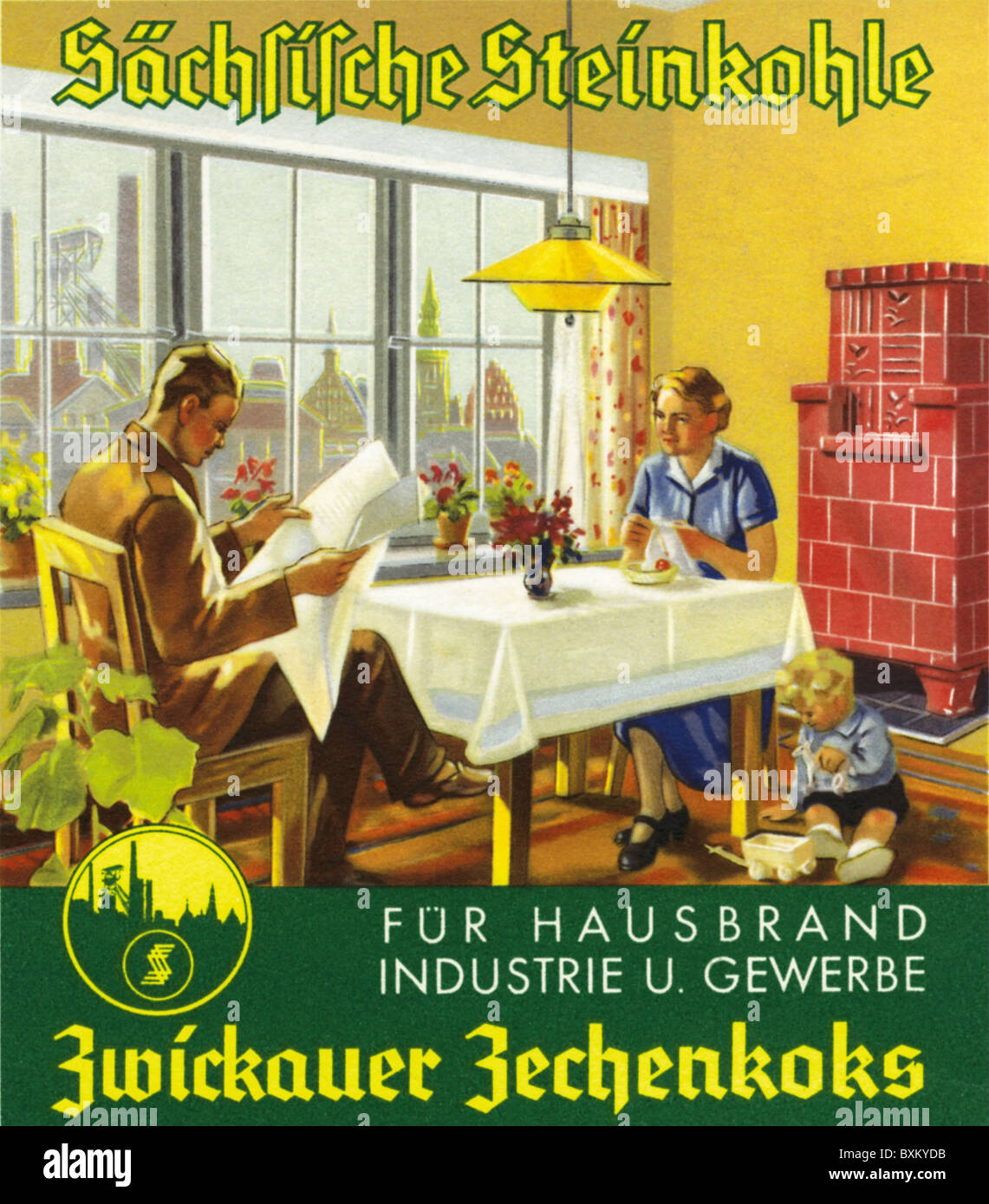Werbung, Kohleunternehmen, Zwickau Zechenkoks, Familie mit Kachelofen, Deutschland, 1938, Zusatz-Rechte-Clearenzen-nicht vorhanden Stockfoto