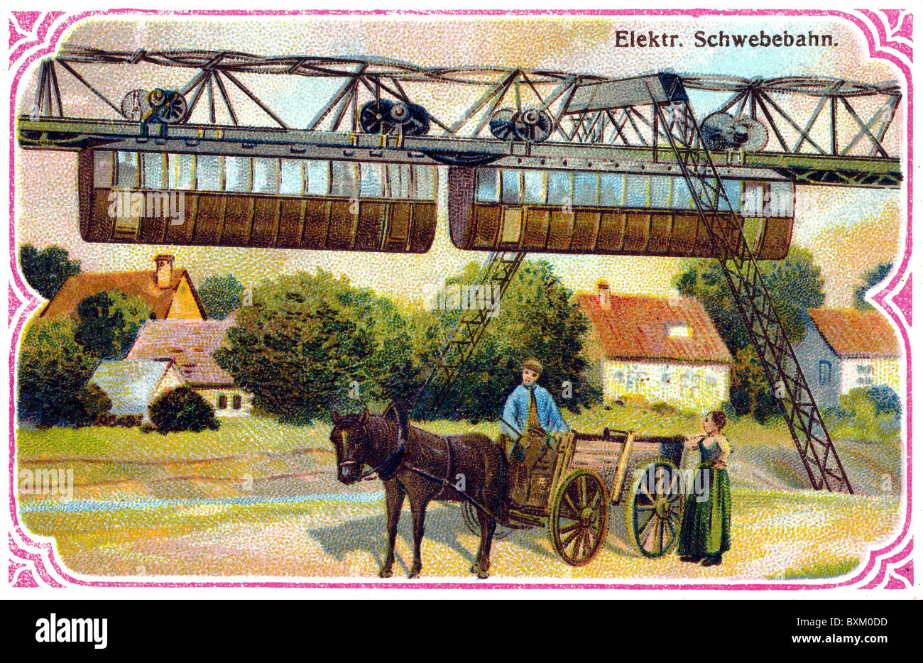 Transport, Eisenbahn, Bahn, Wuppertaler Schwebebahn, über dem Wupper, eröffnet in 1901,16 Millionen Goldmark Kosten, Liebig Sammelkarte, aus Serien: Verschiedene Züge, Lithographie, Deutschland, um 1907, 1900, 00er, 20. Jahrhundert, historisch, historisch, Fahrbahn, Fahrbahn, Schwebebahn, Transport, Fahrzeug, öffentlicher Verkehr, öffentlicher Verkehr, öffentlicher Verkehr, öffentlicher Verkehr, öffentliche Verkehrsmittel, öffentliche Verkehrsmittel, Vohwinkel, Elberfeld, Barmen-Erfindungen, Verbesserungen Stockfoto
