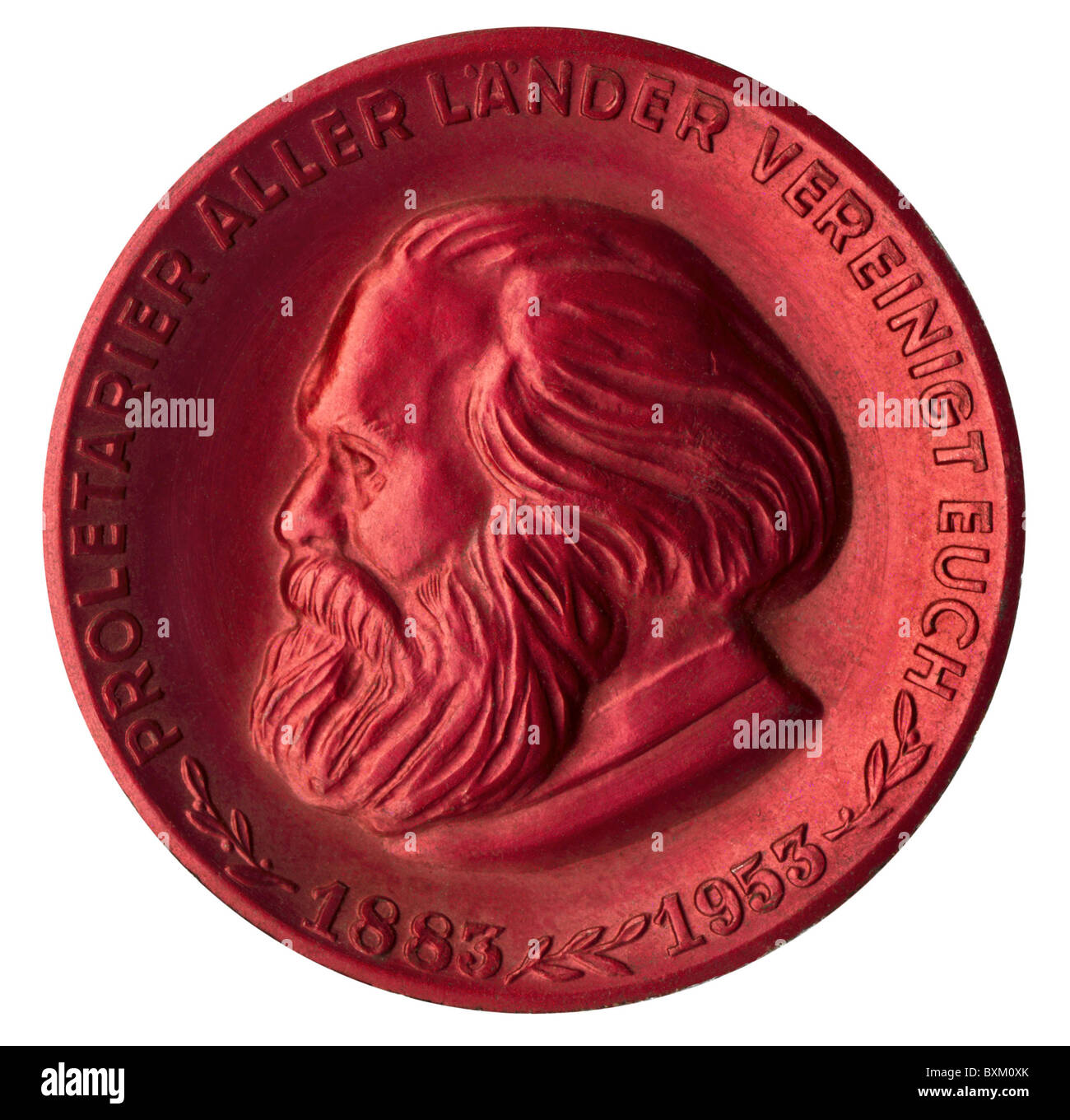 Marx, Karl, 5.5.186 - 14.3.1883, deutscher Philosoph, Porträt, Jahrestag des 70. Obits, Medaillenstift mit Slogan: Arbeiter der Welt, vereint!, Ostdeutschland, 1953, Stockfoto