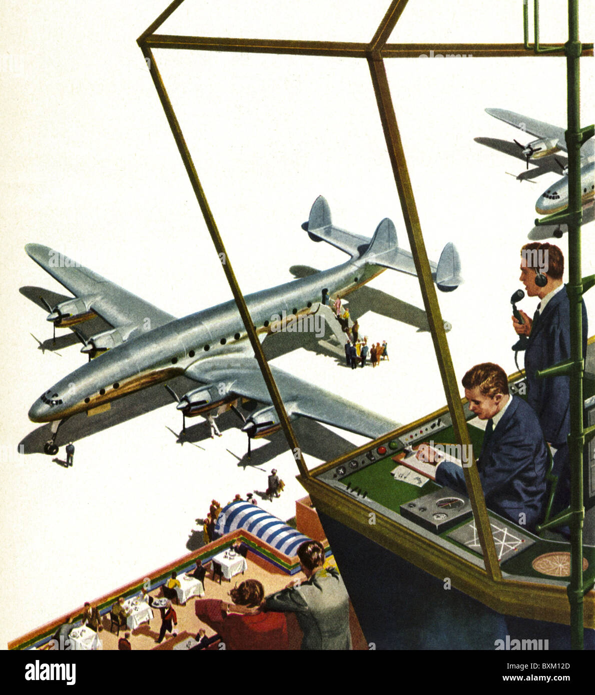 Transport / Transport, Luftfahrt, Fluglotse, Blick vom Turm zum Flugplatz, USA, um 1956, Additional-Rights-Clearences-not available Stockfoto