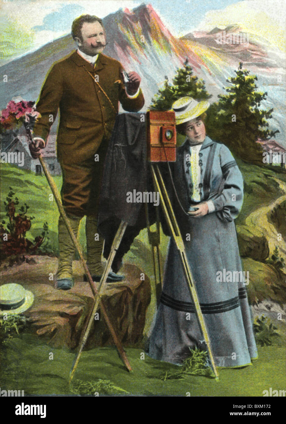 Fotografie, Fotografie, Fotograf in den Bergen, Kamera auf Stativ, Bayern, Deutschland, um 1909, Zusatz-Rechteklärung-nicht vorhanden Stockfoto