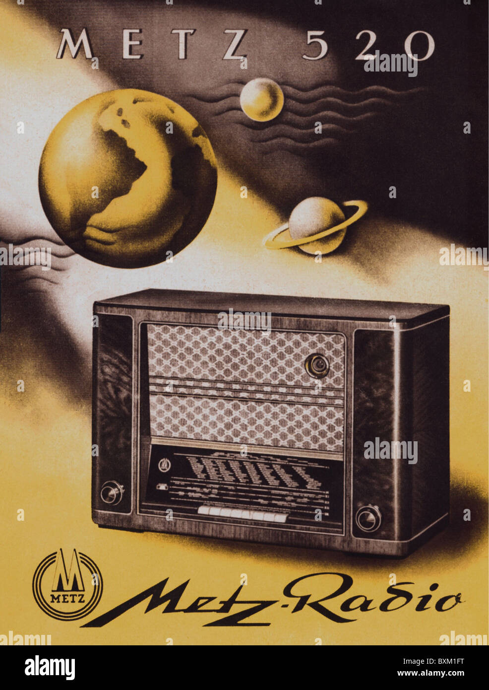 Broadcast, Radio, Radio Set Metz 520, Werbung, Deutschland, um 1950.50.50.50,50.20.Jahrhundert,historisch,historisch,Radio Set,Radio,Radio Sets,Radios,exotische Hölzer Fall,Chassis,Magie,magisch,magisches Auge,magisches Quadrat,Druckknopf,Druckknöpfe,Illustration,Globus,Weltkugel,Globen,Weltbälle,Stern,Sterne,Wirtschaftswunder,Wirtschaftswunder,Nachkriegszeit,Made in Deutschland,Heimelektronik,Elektrogeräte,Unterhaltungselektronik,Unterhaltungselektronik,Unterhaltungselektronik,40er-Elektrogeräte,Elektrogeräte-Elektrogeräte Stockfoto