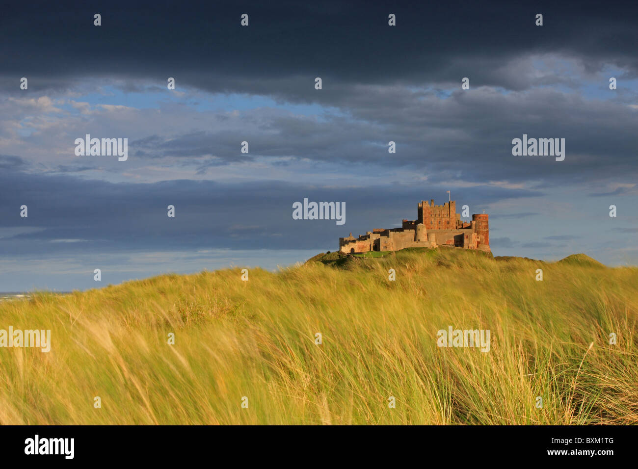 Am späten Abend Sonnenschein im Sommer bei Bamburgh Castle Stockfoto