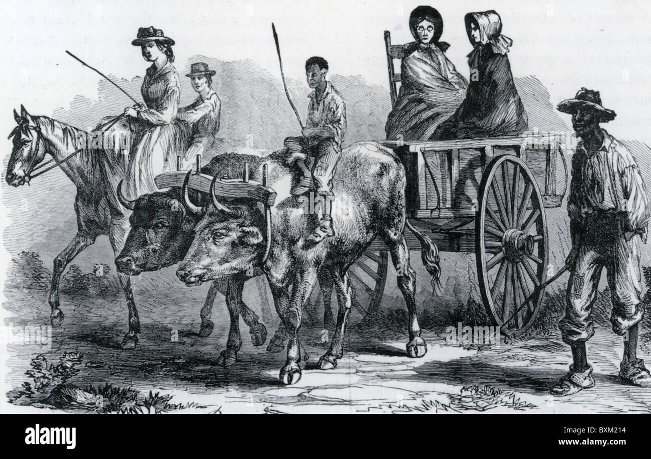 US CIVILWAR zwei Sklaven begleiten vier Konföderierten Frauen Anhänger gezwungen zu Essen von einer Union Spannungsquelle betteln Stockfoto