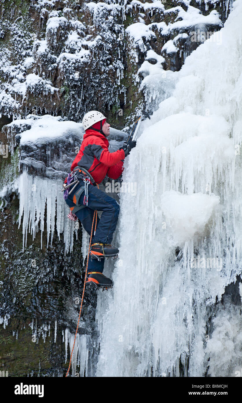 Ein Mann engagiert auf eine Eisklettern auf einem gefrorenen Wasserfall (Lynn verliebt sich in Lynn Glen) außerhalb Dalry in North Ayrshire, Schottland, Vereinigtes Königreich. Stockfoto