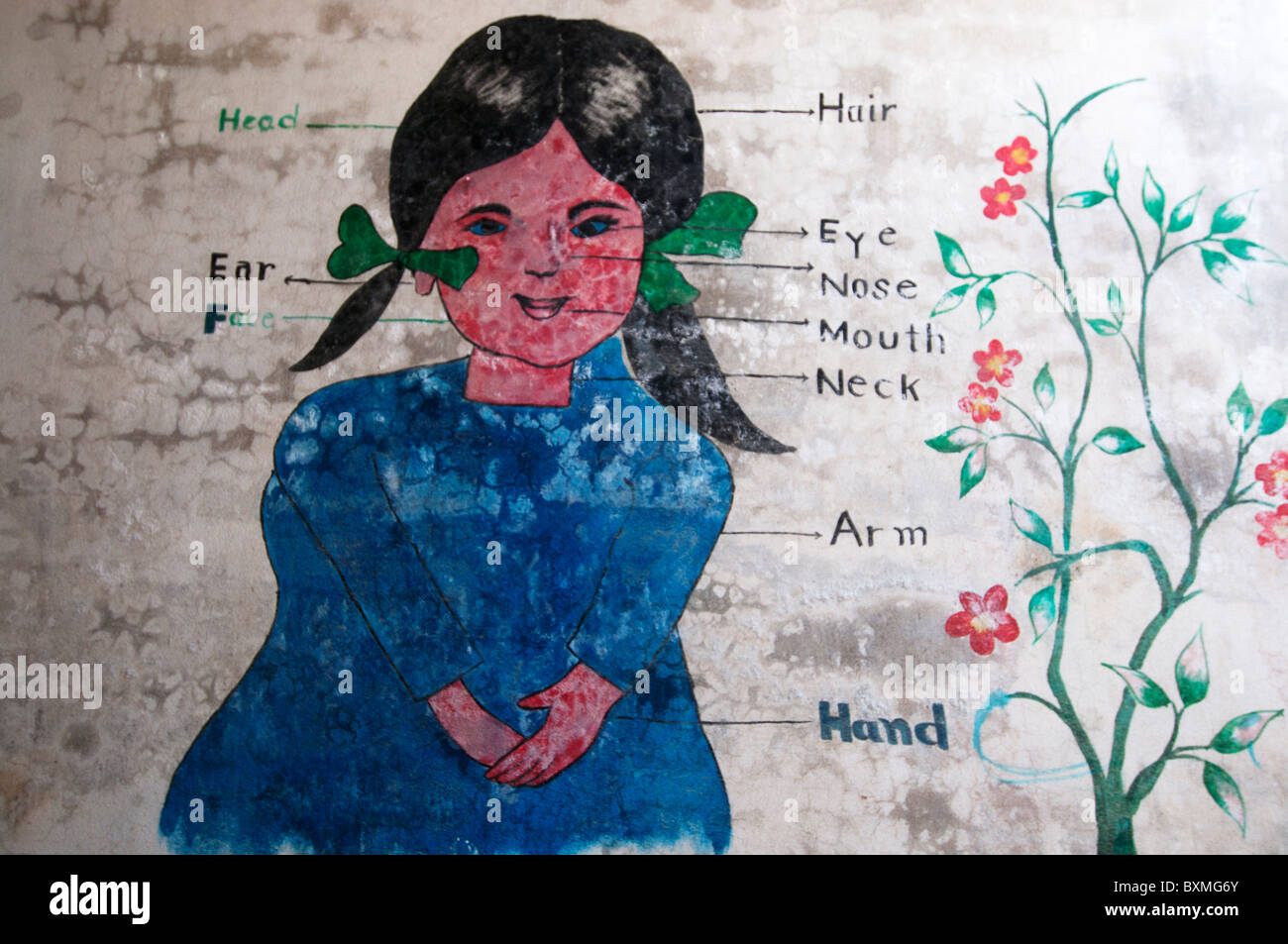Pakistan. Al-Haq-öffentliche Schule. 230 Schüler, 9 Lehrer. Wandmalerei von Girl zeigt Teile des Körpers, Flut beschädigte. Stockfoto