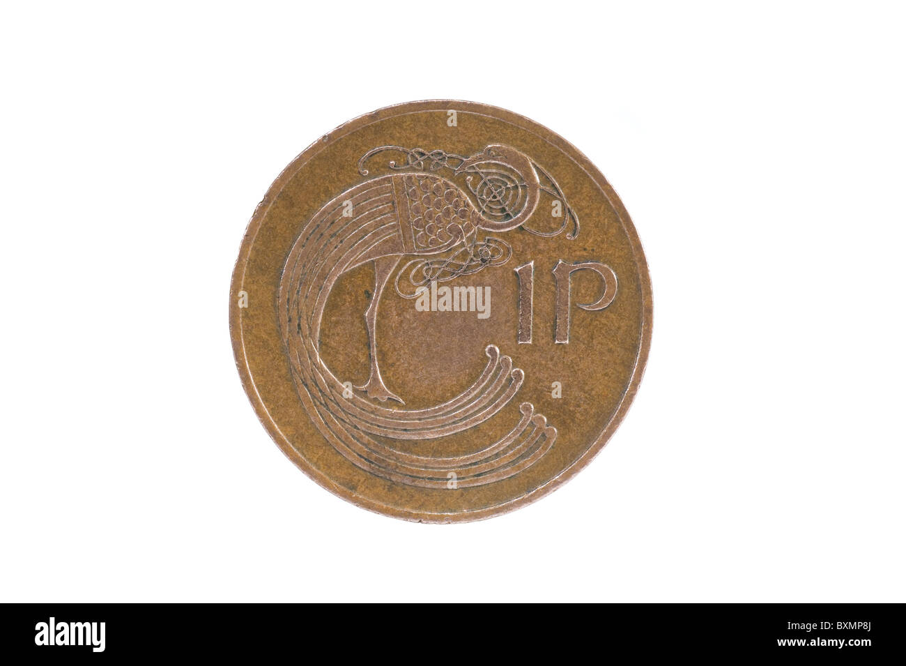 Gälische Pfau Design auf eine alte irische 1 Pence-Münze Stockfoto