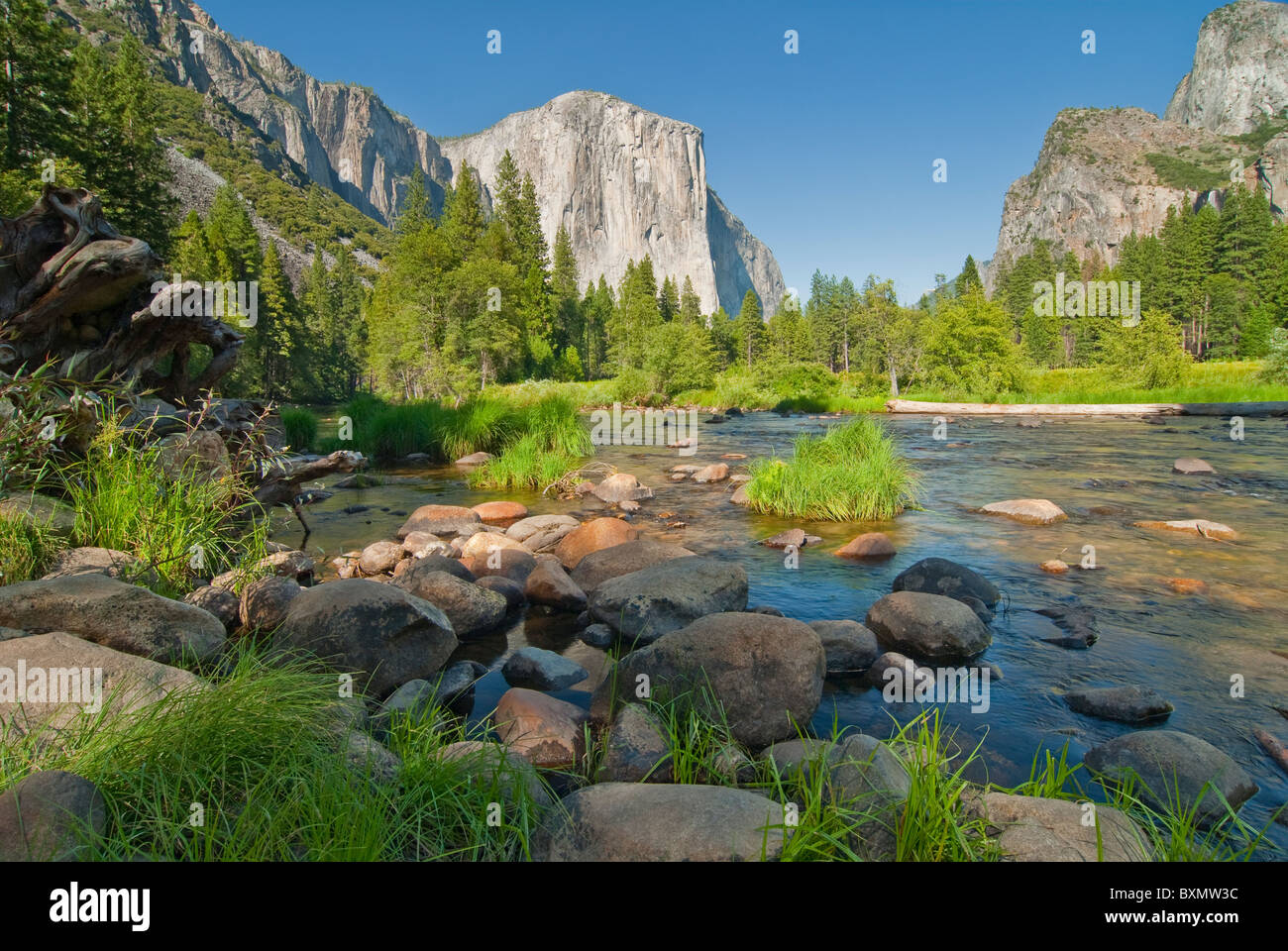 Merced River und die massive El Capitan im Yosemite-Nationalpark Hintergrund Stockfoto