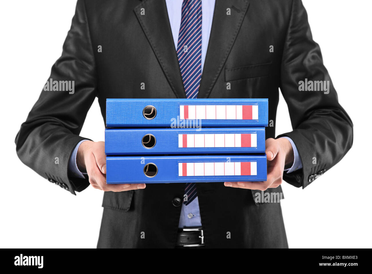 Eine Nahaufnahme eines Geschäftsmannes mit drei blauen Ordner Stockfoto