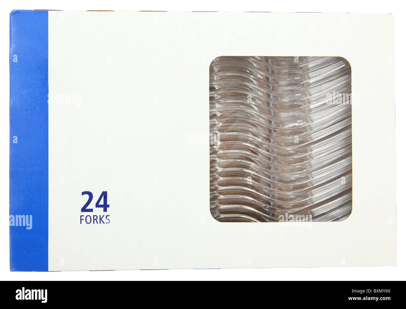 Box mit 24 durchsichtigen Kunststoff Gabeln in eine leere Beschriftungsfeld über weiß. Stockfoto