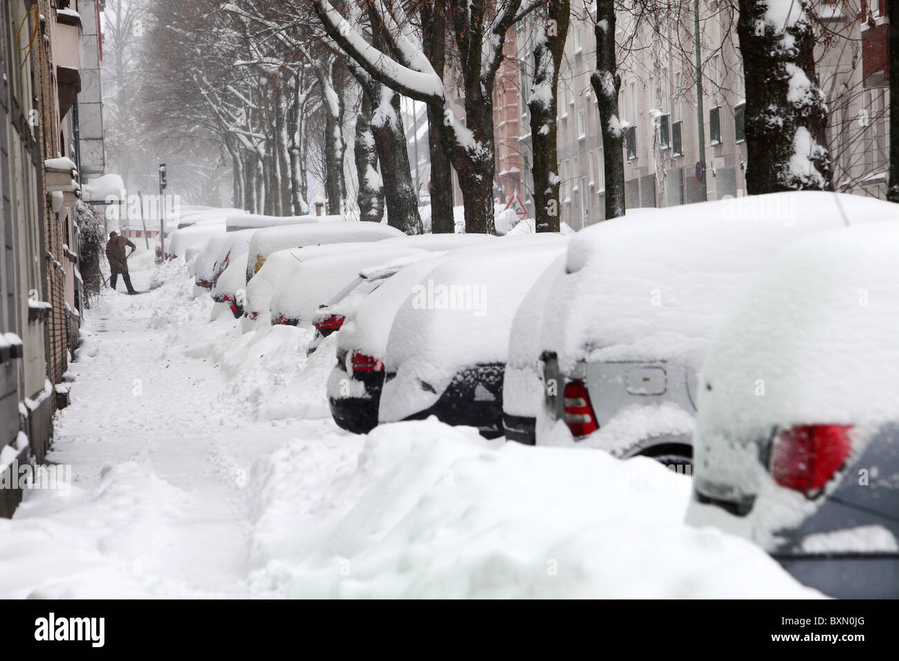 Winter. Schneebedeckte Autos, Parkplätze in der Straße. Stockfoto