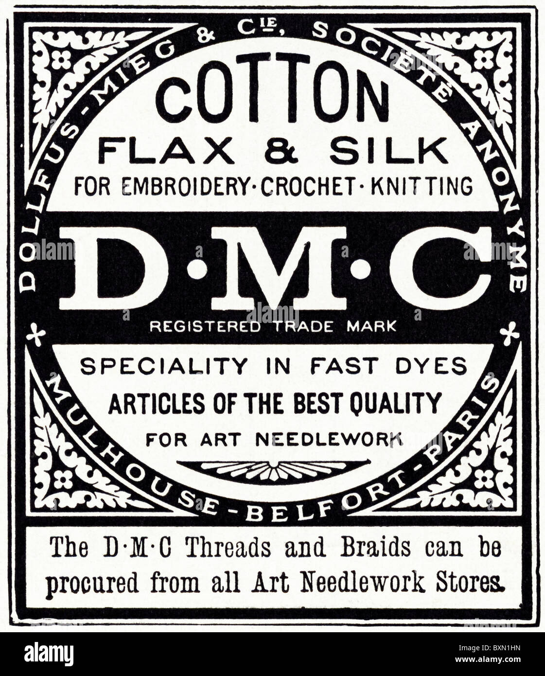 Kleine Anzeige für DMC Baumwolle Flachs und Seide Gewinde und Zöpfe für Handarbeiten in Frauenzeitschrift ca. 1929 Stockfoto