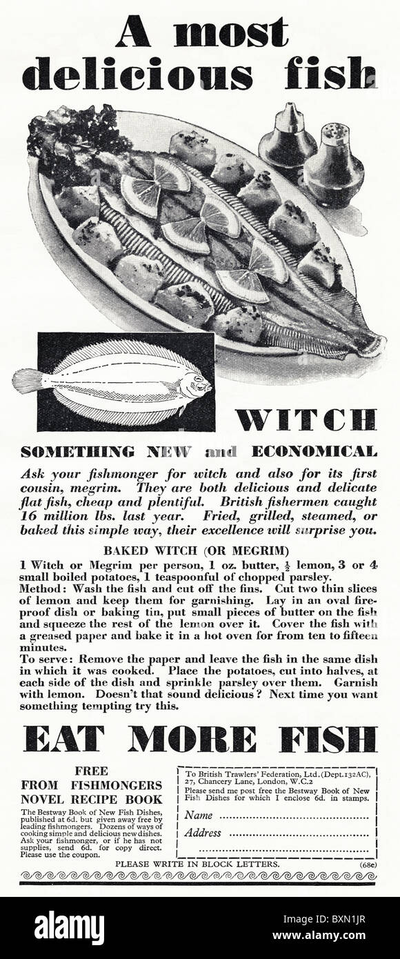 Werbung für Essen mehr Fisch mit Rezept für gebackene Hexe oder Migräne in Frauenzeitschrift ca. 1929 Stockfoto