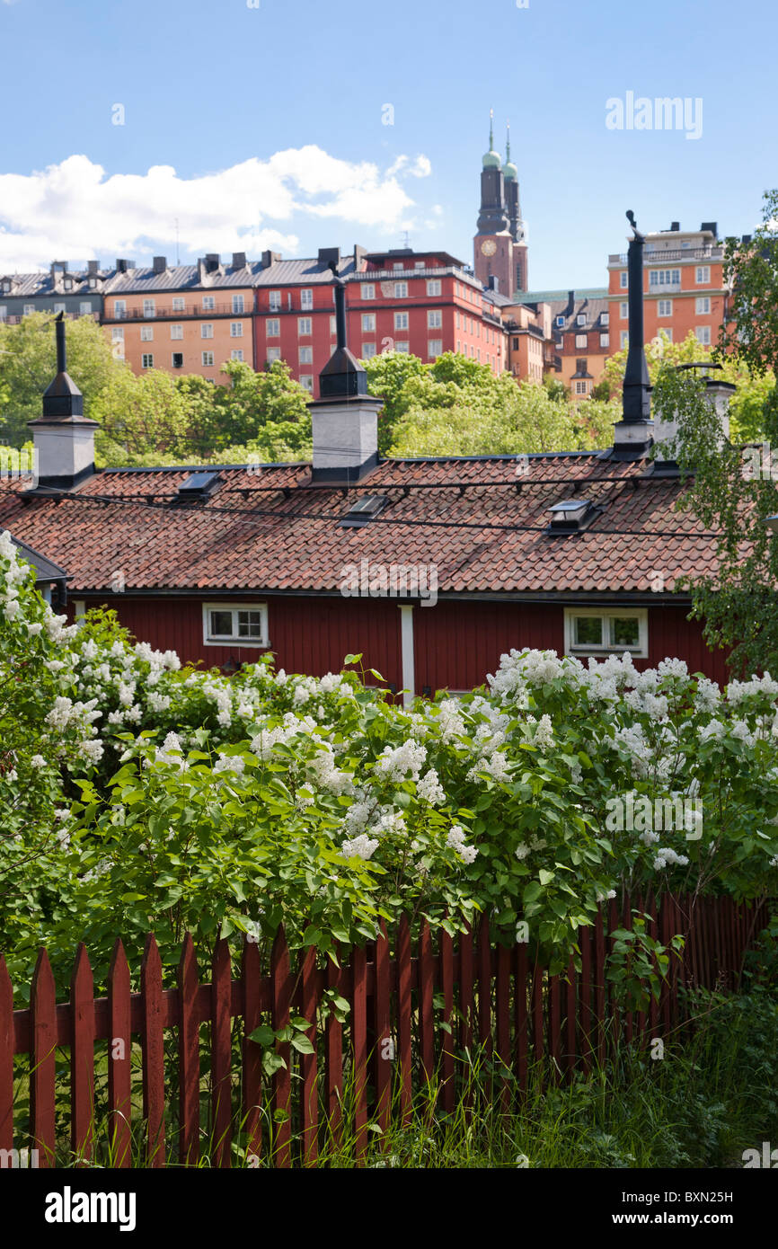 17. Jahrhundert Häuser auf der Insel Långholmen, südlich von Stockholm, Schweden. Die Kirche des Hogalid im Hintergrund. Stockfoto