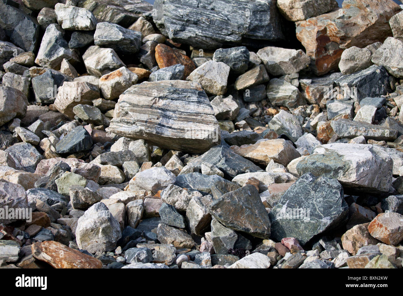Sedimentgesteine im Rahmen des Küstenschutzes in County Wexford, Irland Stockfoto