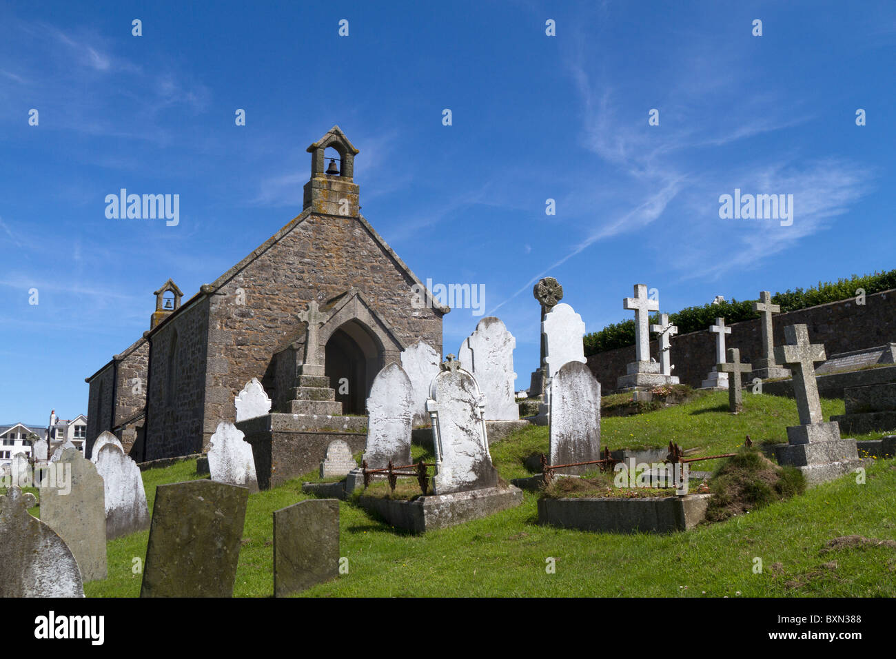 Grabsteine und Denkmäler am Barnoon Friedhof, St. Ives, Cornwall, UK, United Kindom... Stockfoto