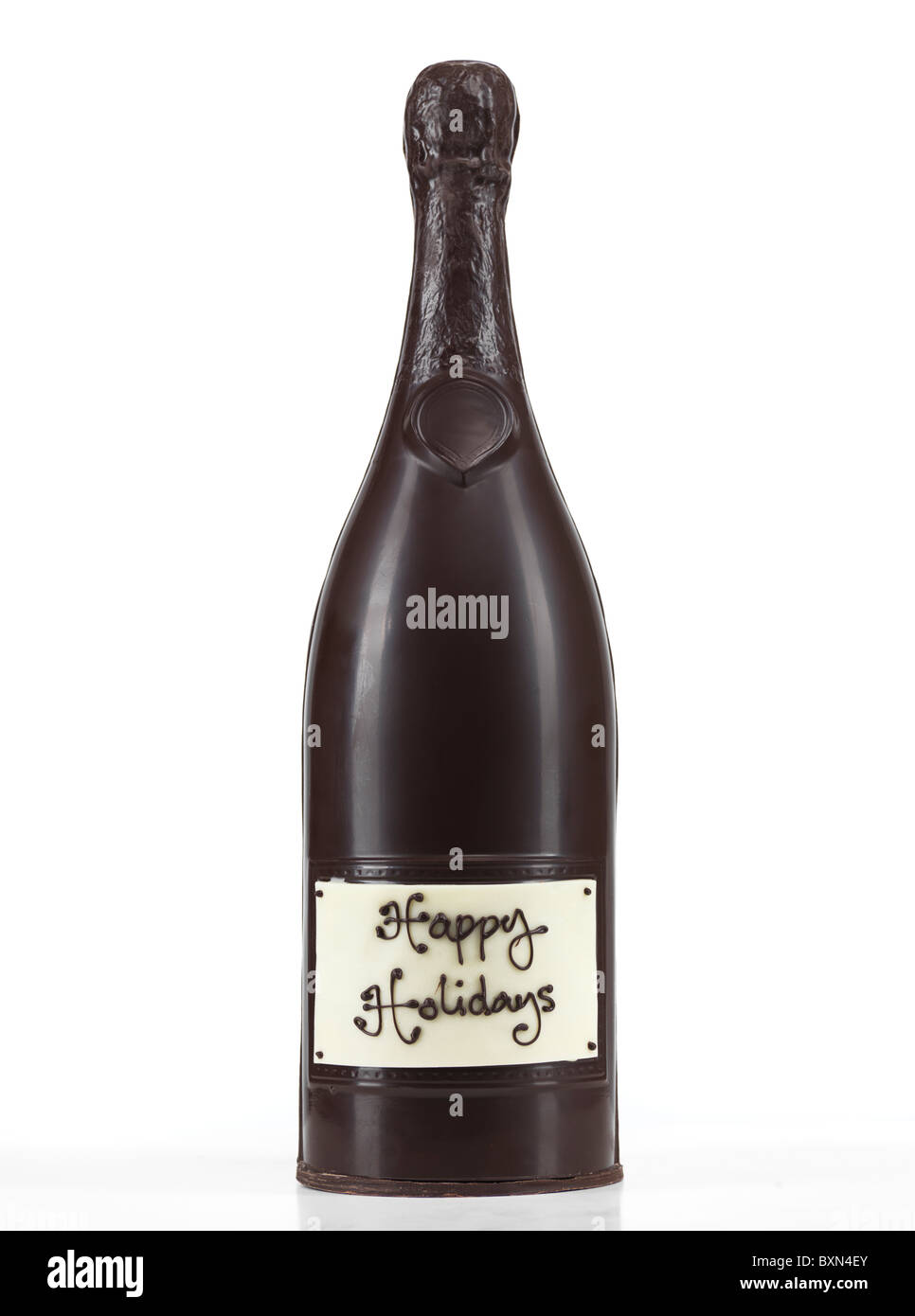 Flasche Champagner hergestellt von dunkler Schokolade isoliert auf weißem Hintergrund Stockfoto