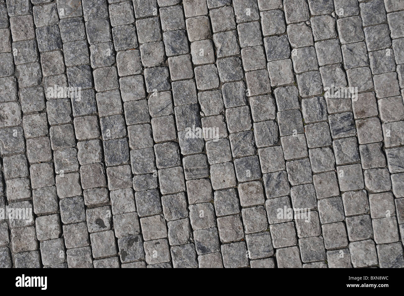 Eines Bildes, senkrecht zum Boden eines Patches von Platten aus einer traditionellen italienischen Straße aufgenommen. Stockfoto