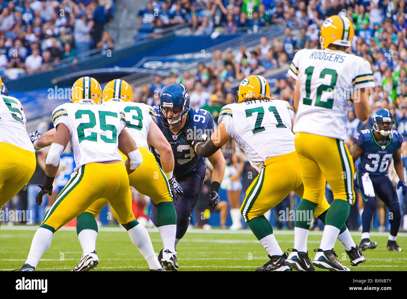 Craig Terrill die Seattle Seahawks zu verteidigen gegen die Green Bay Packers Straftat Stockfoto