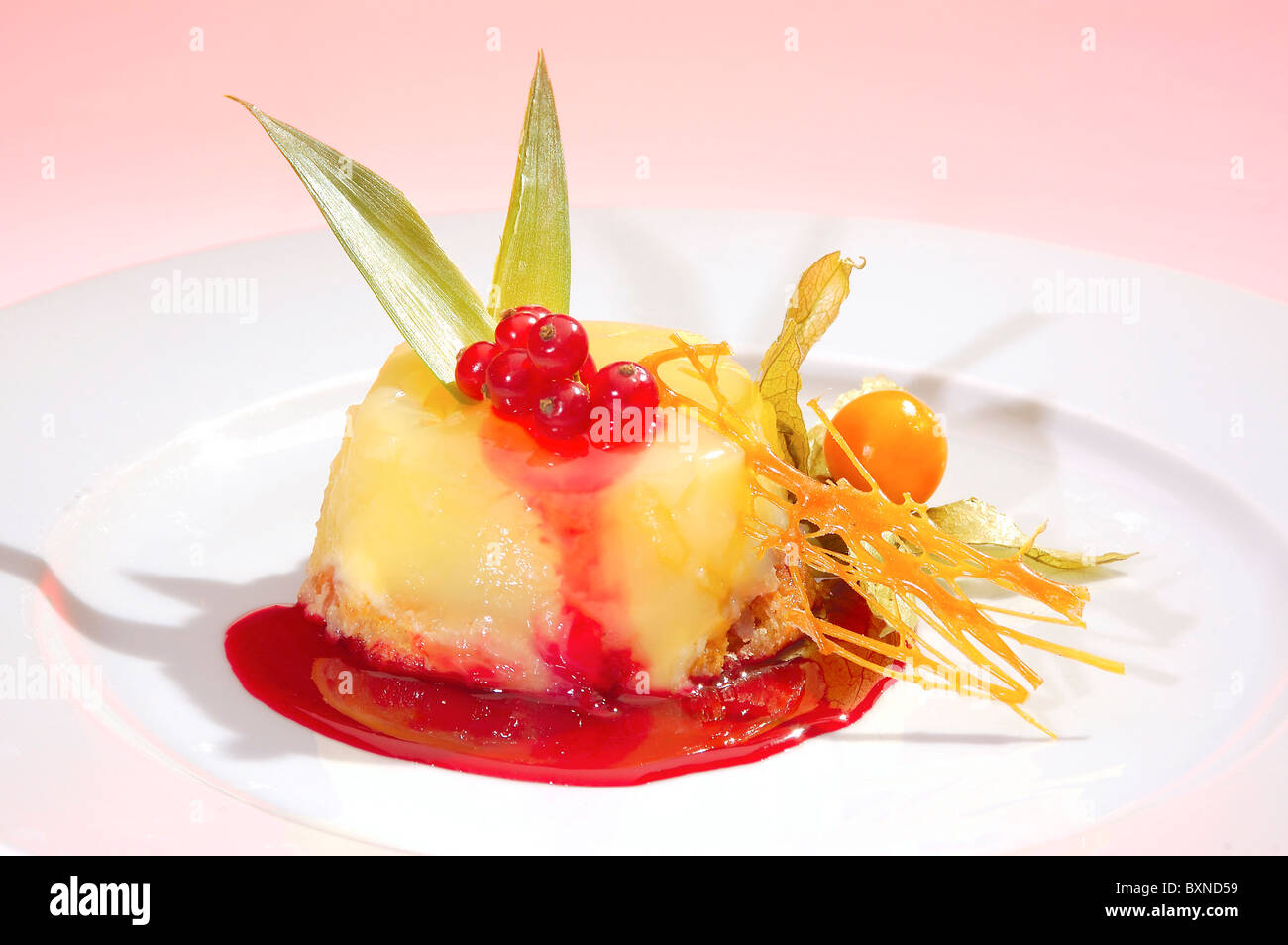 Französischer Pudding w rote Johannisbeere Marmelade und Schwamm Stockfoto