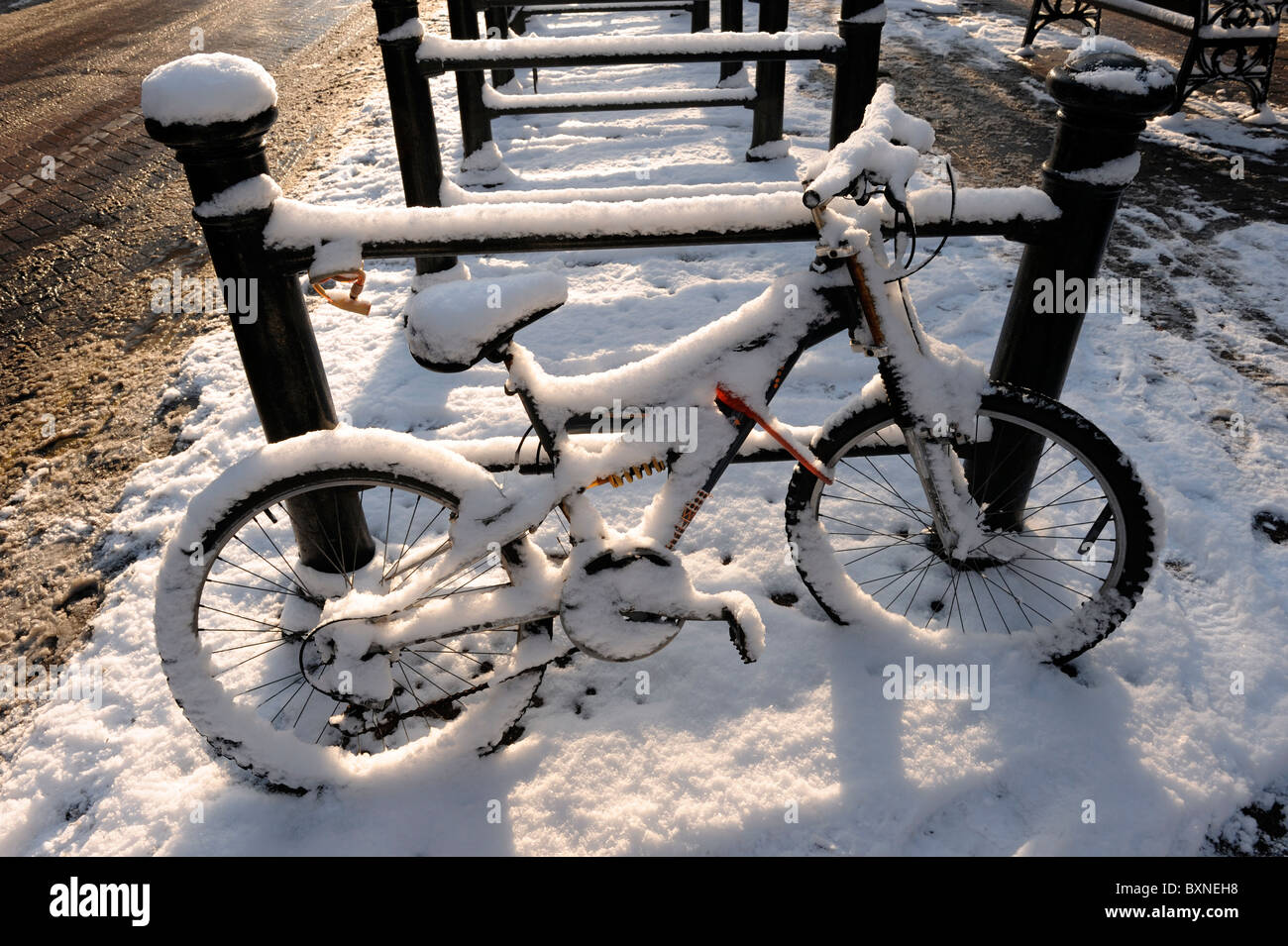 Schneebedeckte Fahrrad Stockfoto