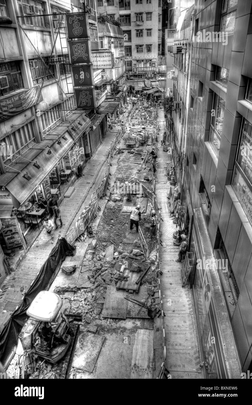 Umfangreiche Straßenbauarbeiten auf Hong Kong Island von der mittleren Ebene Aufzüge aus gesehen in der Nähe von Hollywood Road Stockfoto