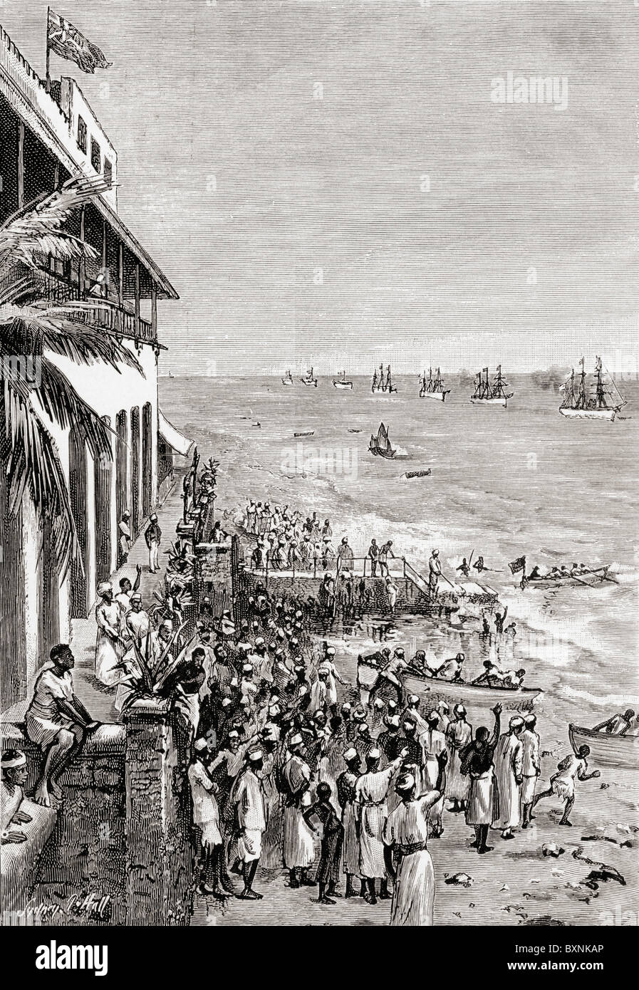 Henry Morton Stanleys Emin Pascha Relief Expedition von 1886-1889, nach Sansibar zurück. Stockfoto