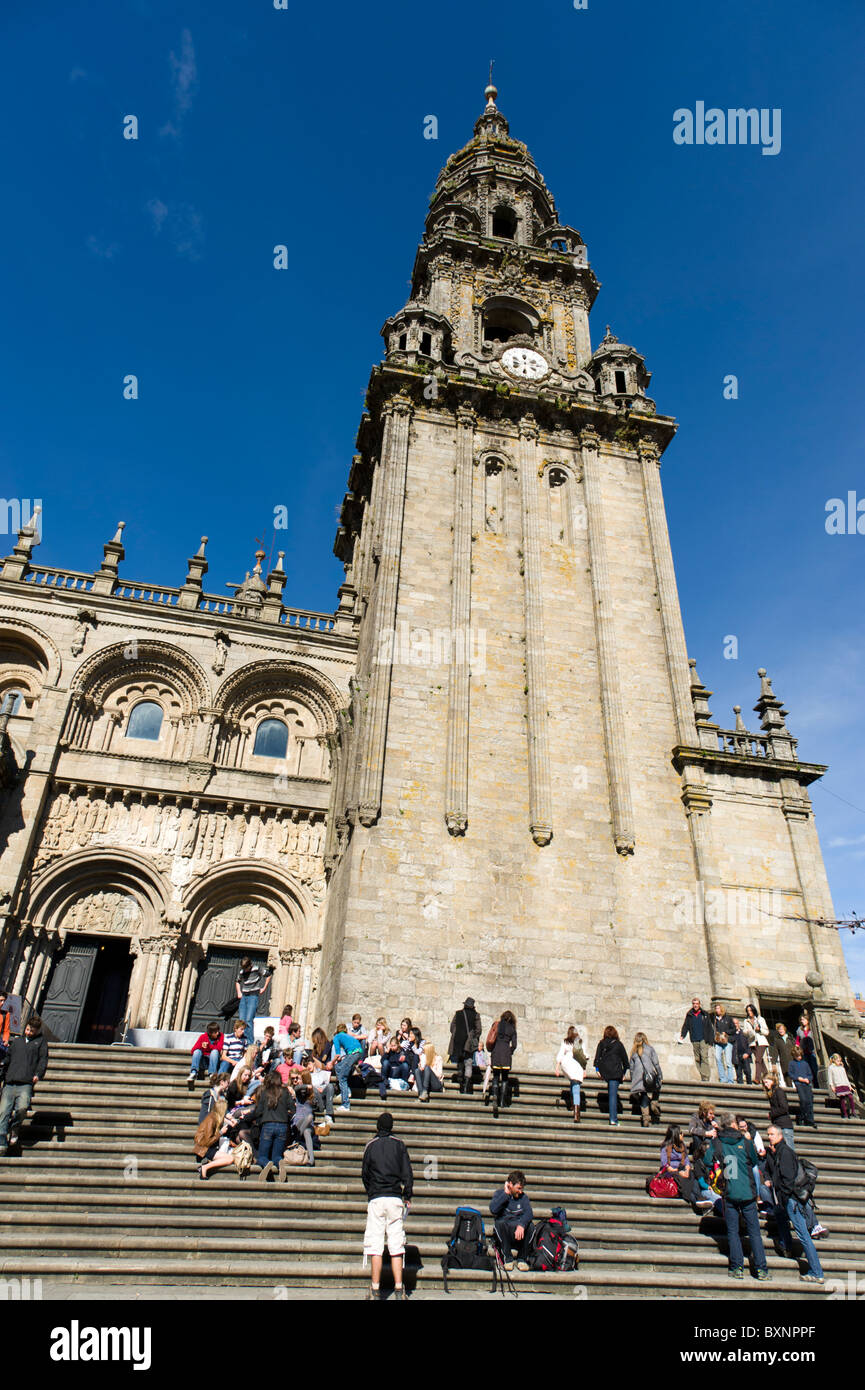 Die Kathedrale Torre del Reloj, Santiago De Compostela, Galicien, Spanien Stockfoto