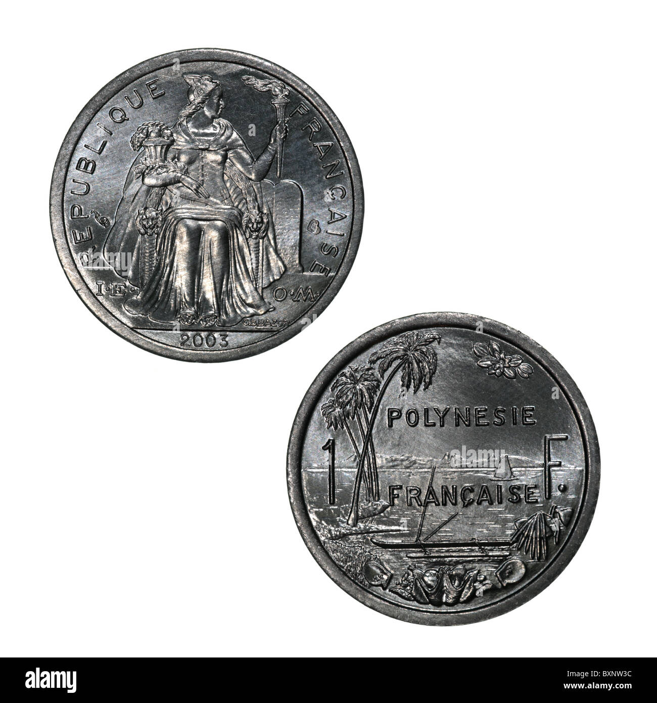 Neukaledonien - alte 1-Frank-Münze mit sitzender Marianne-Münze auf der Obverse und polynesischer Szene auf der Rückseite Stockfoto