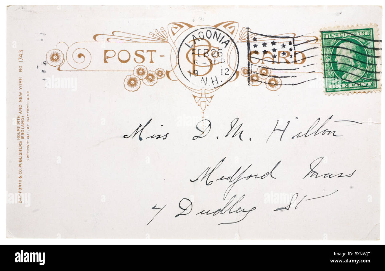 Leere Postkarte aus zu-Mitte-1900 mit Exemplar Stockfoto