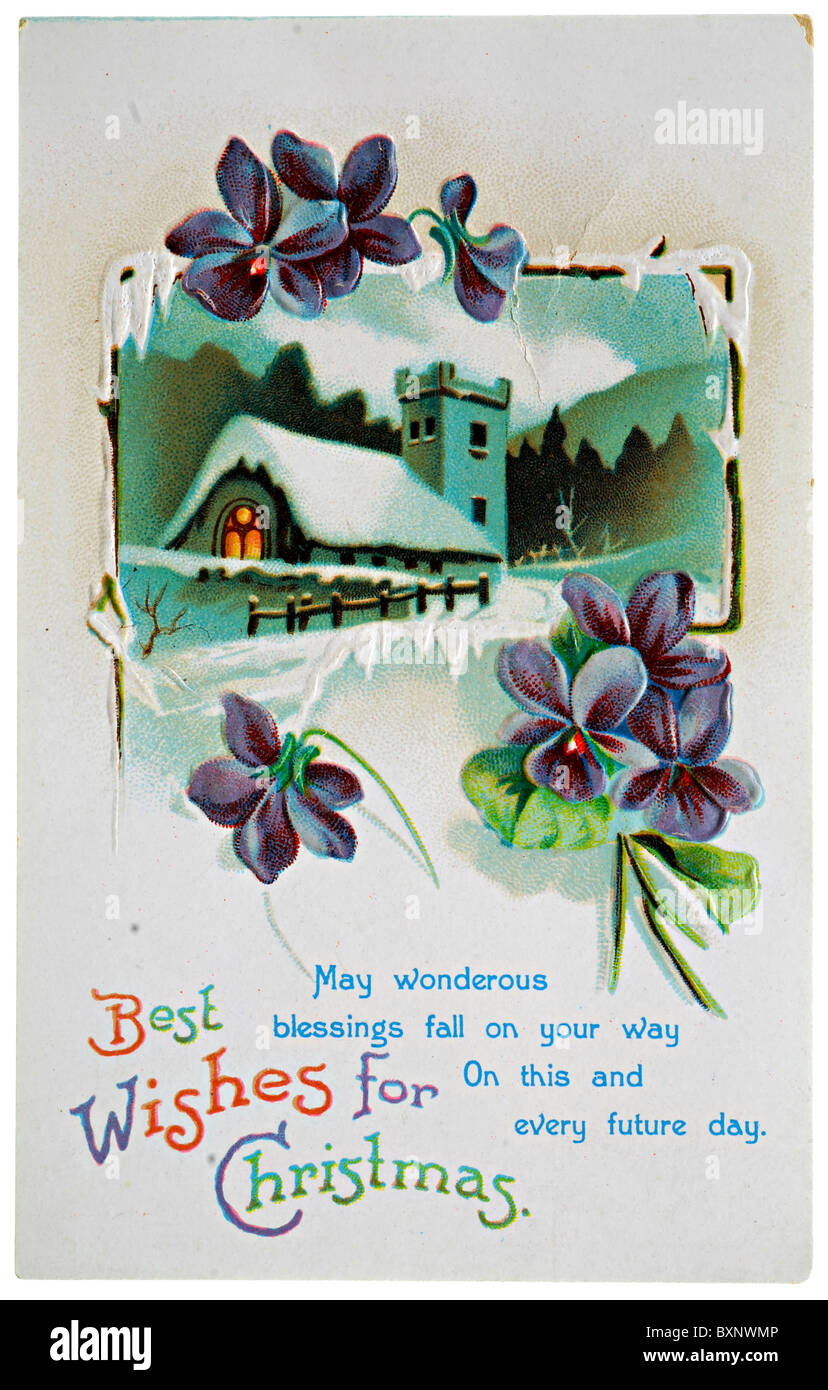 Weihnachts-Postkarte mit verschneiten Kirche und Veilchen Stockfoto