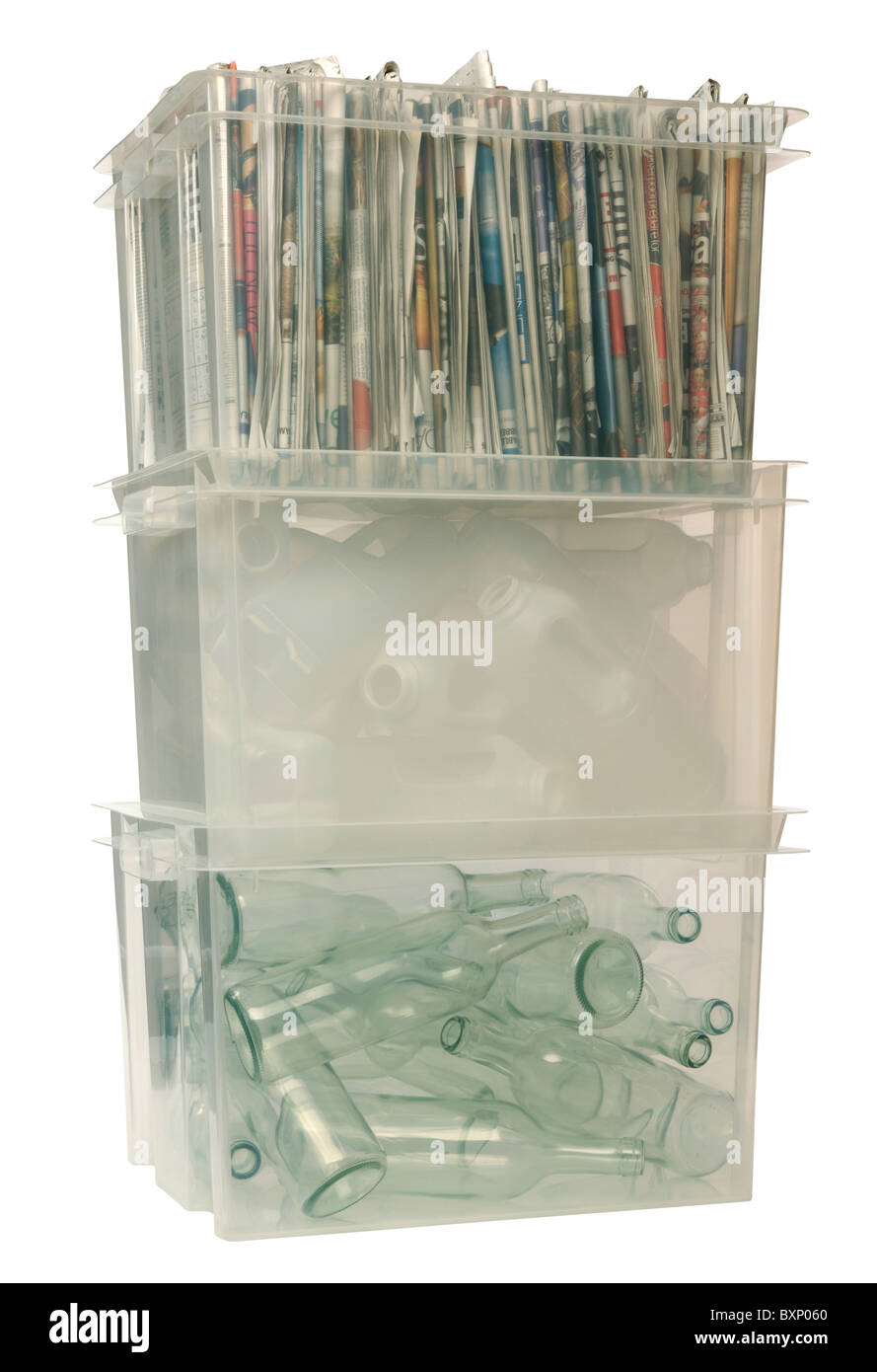 Recycling-Kisten aus Papier, Kunststoff und Glas Stockfoto