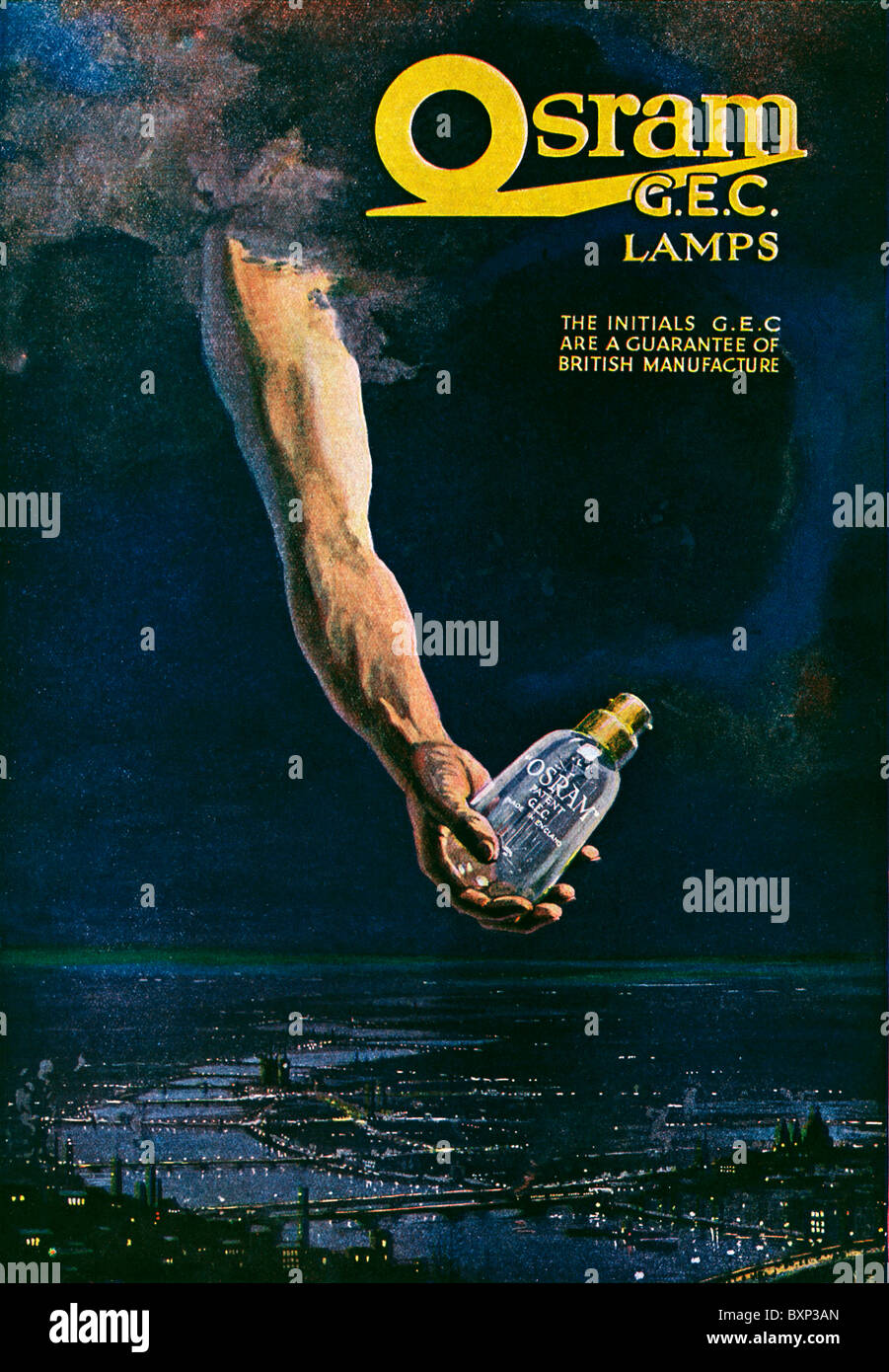 Osram GEC-Lampen, 1919 Werbung für die Glühbirnen, eine Hand vom Himmel hält man über London in der Nacht Stockfoto