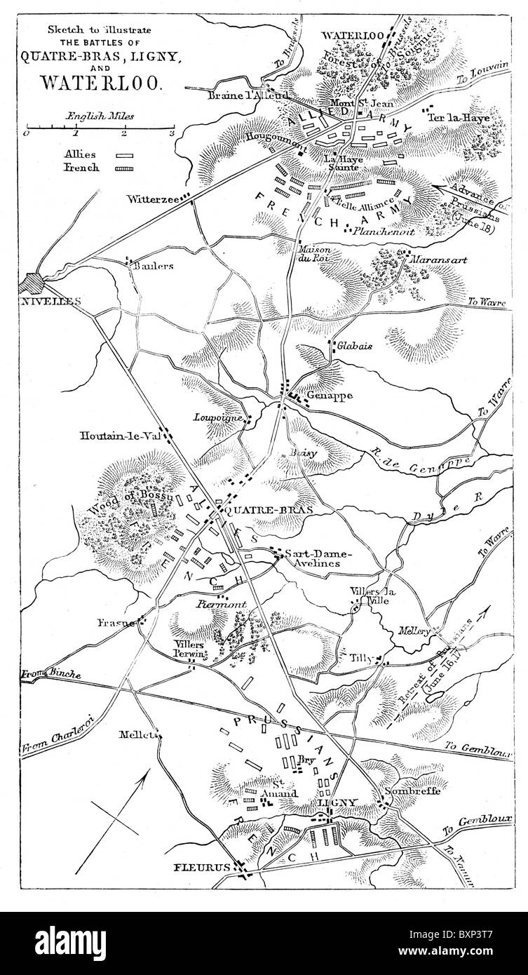 Skizze zeigt die Disposition der französischen und alliierten Truppen bei der Schlacht von Waterloo, Ligny und Quatre-Bras, 1815 Stockfoto